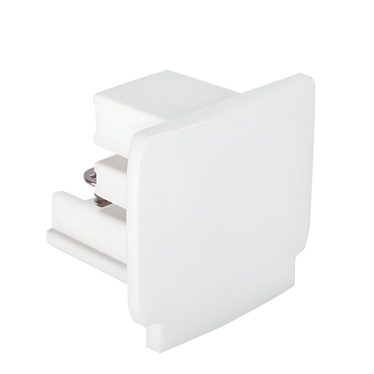 Introducing the Brillia End Cap in White: A rectangular, wall-mounted bracket with a sleek and minimalist design featuring a smooth white finish. Ideal for securing glass shelves, it perfectly complements spaces illuminated by track lighting. Displayed on a white background, it adds elegance to any decor.