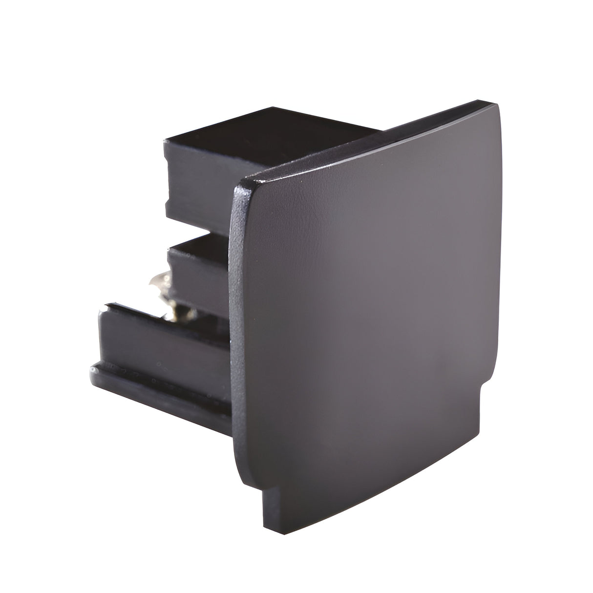 A Brillia End Cap in matte black, featuring a metallic inner component and designed for track lighting, is shown isolated on a white background.