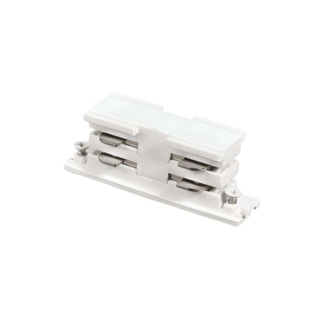 Introducing the Brillia Electric 3-Phase Track Connector in white, featuring a dual-level design with two screw terminals and a flat base. It's perfect for sophisticated lighting networks as it includes visible metal contacts, ideal for use in track lighting systems.