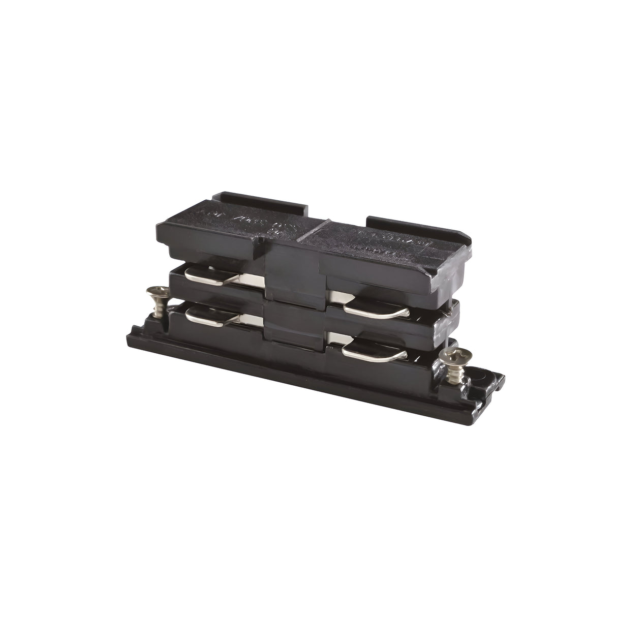 Image of a black Brillia Electric 3-Phase Track Connector featuring dual fuses. The connector includes visible screws on each side for mounting and connection. Its compact, rectangular design with metallic components encased in plastic makes it ideal for electrical systems.