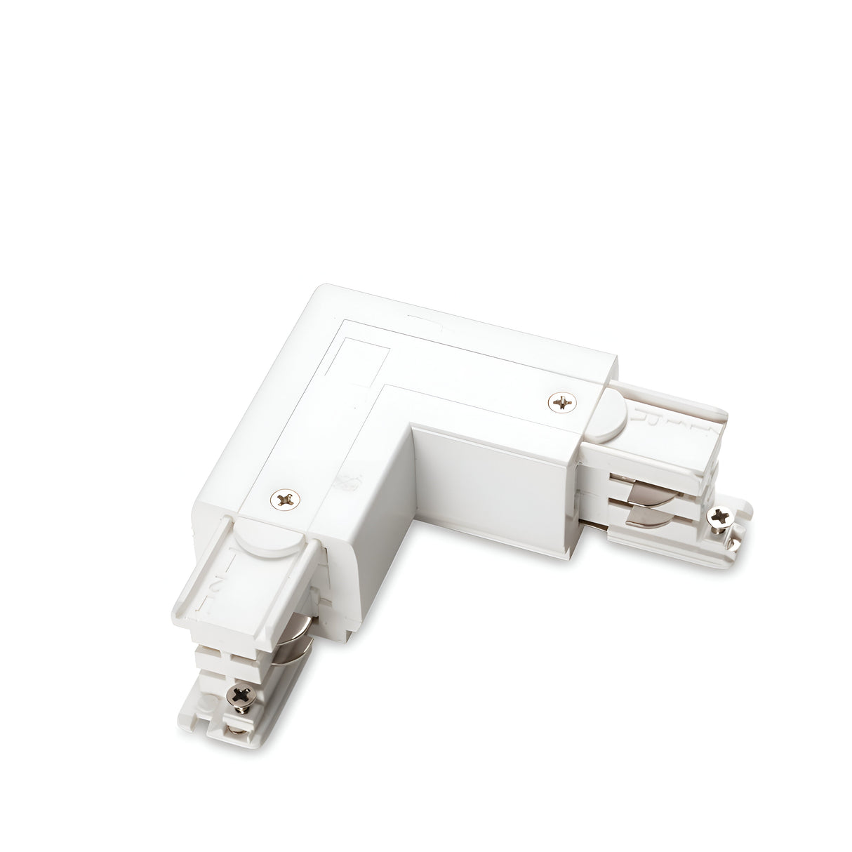 The Brillia 3-Phase Trimless L-Connector Track Left - On-Off in White features visible screws and attachment points, making it ideal for connecting sections of track lighting. Designed for indoor use, its trimless design ensures sleek and seamless integration into your lighting system.
