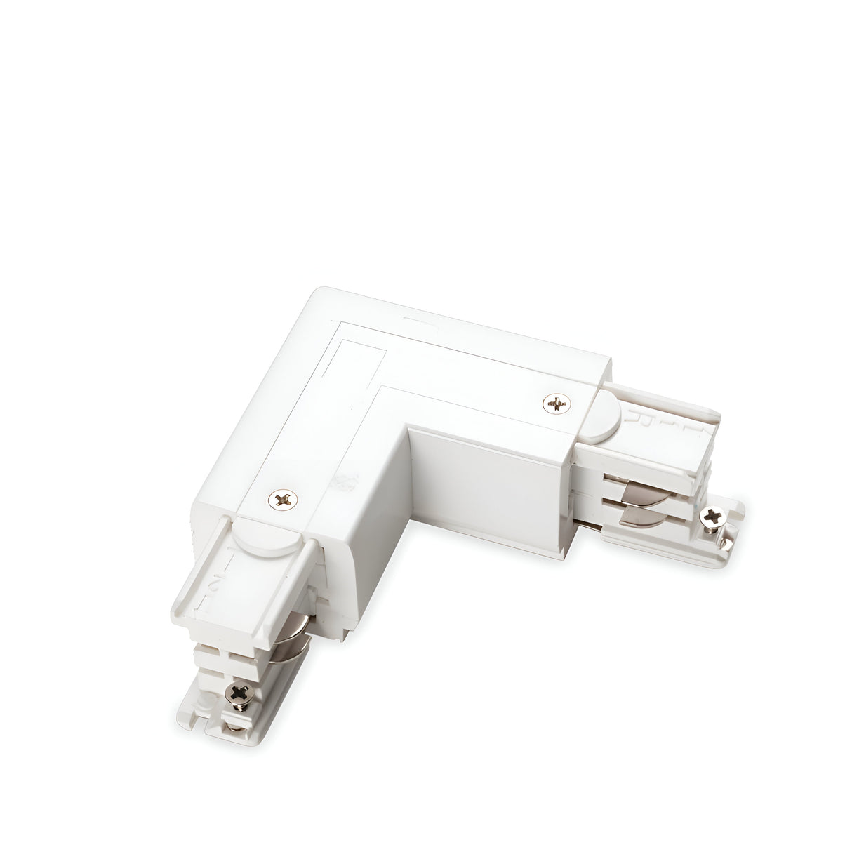 The Brillia 3-Phase Trimless L-Connector Track Right - On-Off in white is designed for connecting 3-phase track lighting systems. This connector features a trimless design with two metal clips at each end and screws on the surface, providing an IP20 rating for secure indoor use.