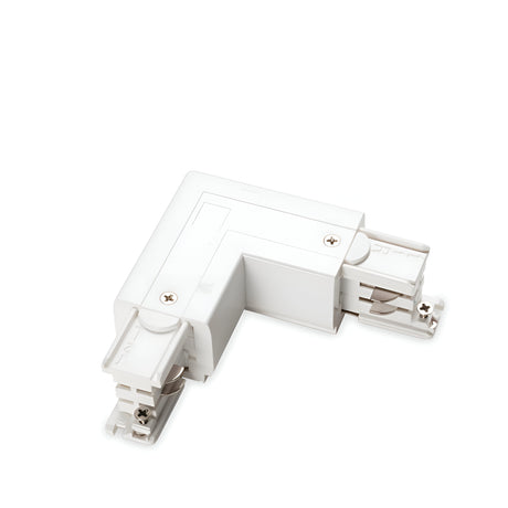 The Brillia 3-Phase Trimless L-Connector Track Right - On-Off in white is designed for connecting 3-phase track lighting systems. This connector features a trimless design with two metal clips at each end and screws on the surface, providing an IP20 rating for secure indoor use.