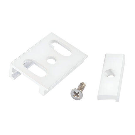 Displayed against a white background, the Brillia Trimless Track Bracket Surface in white is designed as a rectangular plastic bracket with two holes. It includes a matching screw and a separate curved piece, making it perfect for modern interiors and compatible with track lighting systems.