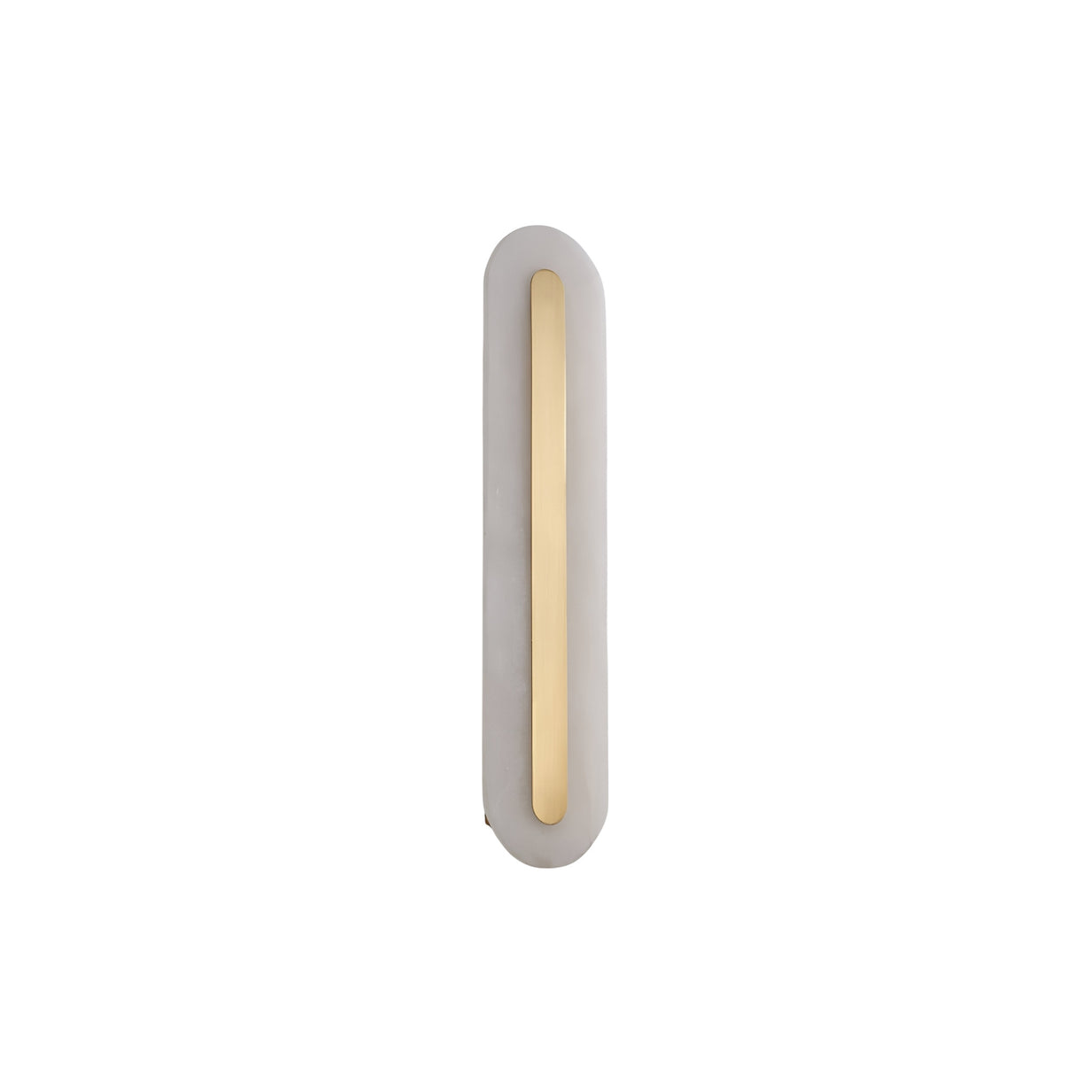 The Averra LED Small Round Alabaster Wall Light in Soft White & Brass has a modern frosted surface with a central vertical strip of warm light, displayed against a plain white background.