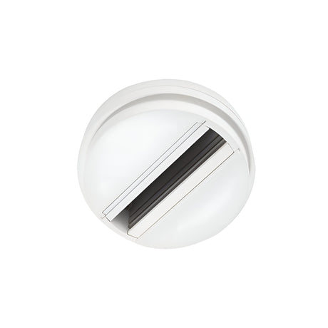 Introducing the Brillia Ceiling-Mounted Track Lighting Adapter in white, a modern circular fixture with a sleek, minimalist design. It features a central slit revealing two metallic strips, providing contemporary flair. This stylish piece seamlessly integrates with various track lighting systems for versatile installation options.