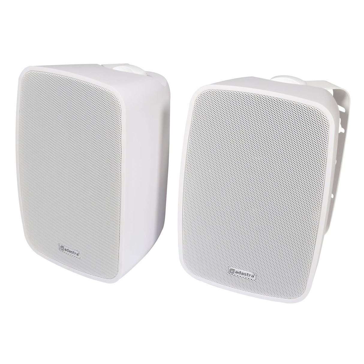 The Adastra BG5A 5" 20W Active Stereo Speaker - White (Pair) features a sleek, modern design with metal grilles and comes mounted on brackets, making them ideal for various outdoor settings. Perfect for delivering background music, the brand logo is prominently displayed on the lower part of the grille.