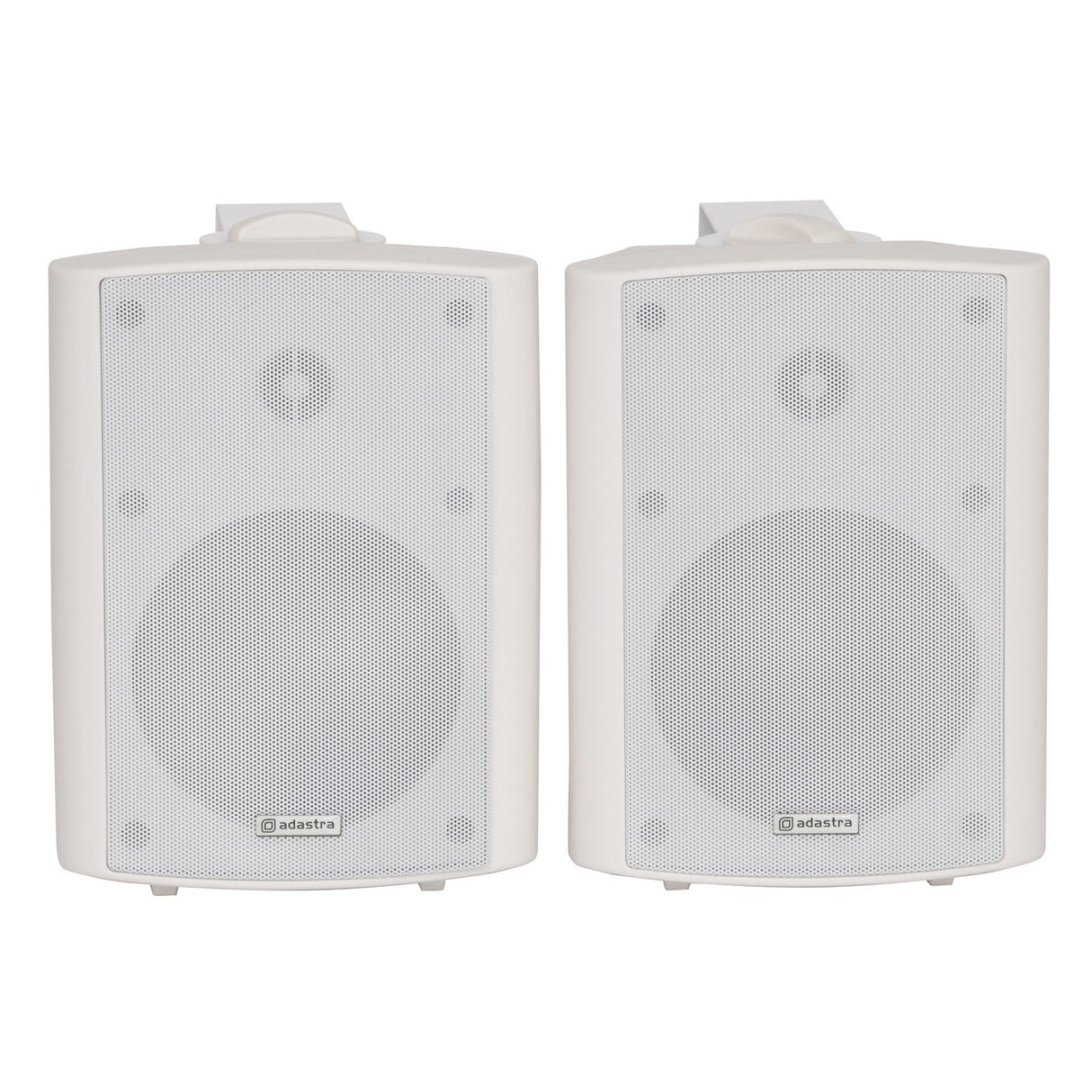 A pair of Adastra Active 5.25" 30W Stereo Speakers in white, designed with a sleek rectangular shape and a gentle curve at the top edge, featuring a mesh covering and the Adastra brand logo at the bottom center. Perfect for creating an active background music system and suitable for both indoor and outdoor environments.