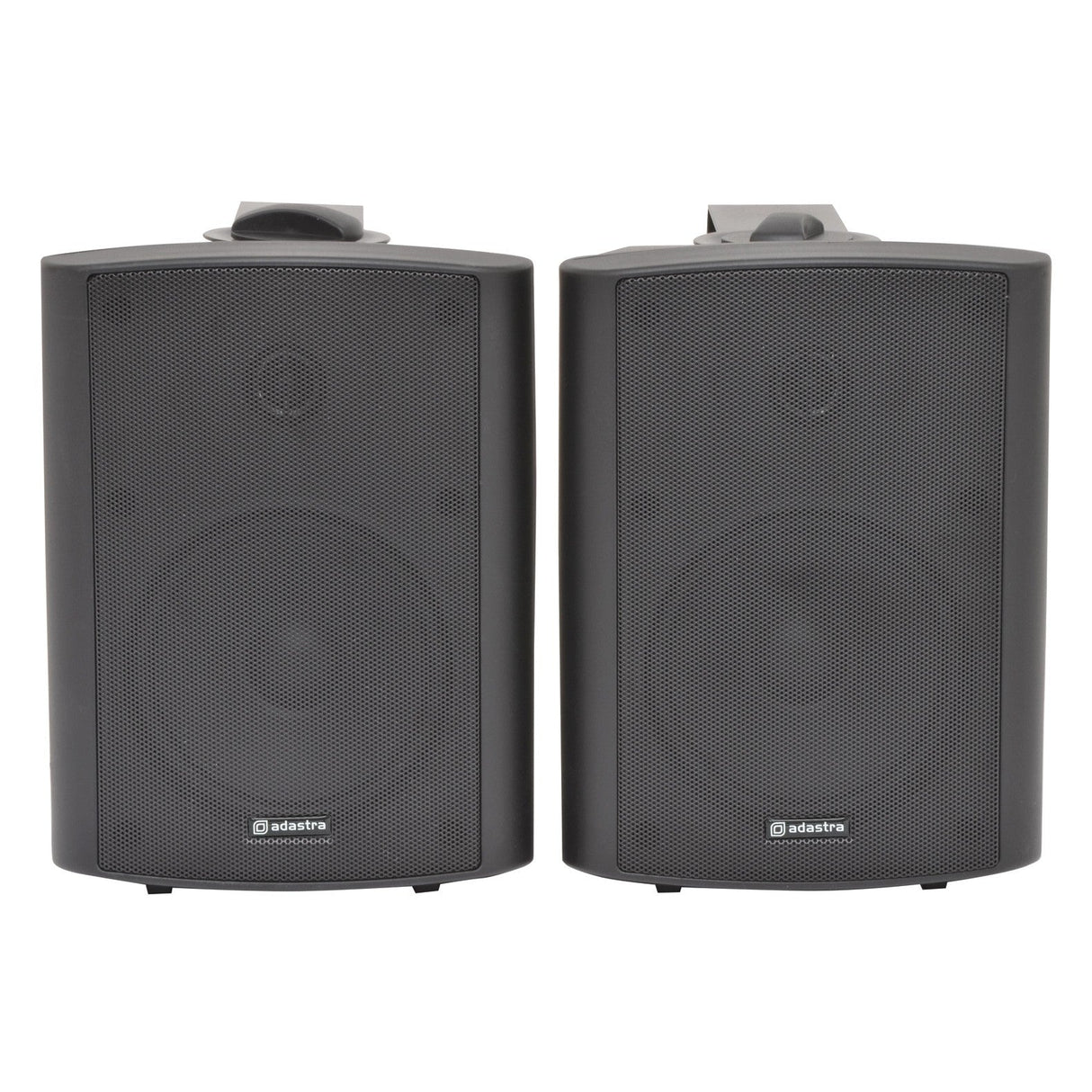 Two Adastra Active 5.25" 30W Stereo Speakers in black are placed side by side. These speakers, designed for home entertainment setups, feature a sleek rectangular design with protective mesh grilles. A small logo at the bottom center of each speaker highlights their quality and precision in nearfield monitoring.