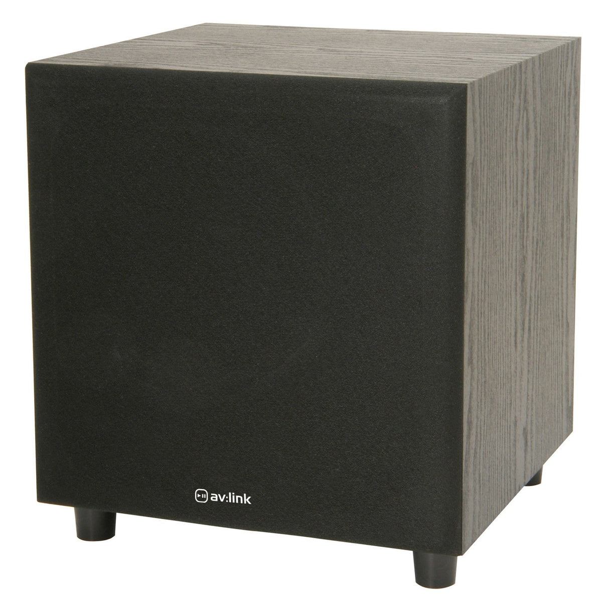 The AV:Link M8S 8" 100W Active Sub Cabinet Speaker in black, featuring a wood grain finish with four small feet and a minimalist design, incorporates an internal amplifier for delivering powerful sound.