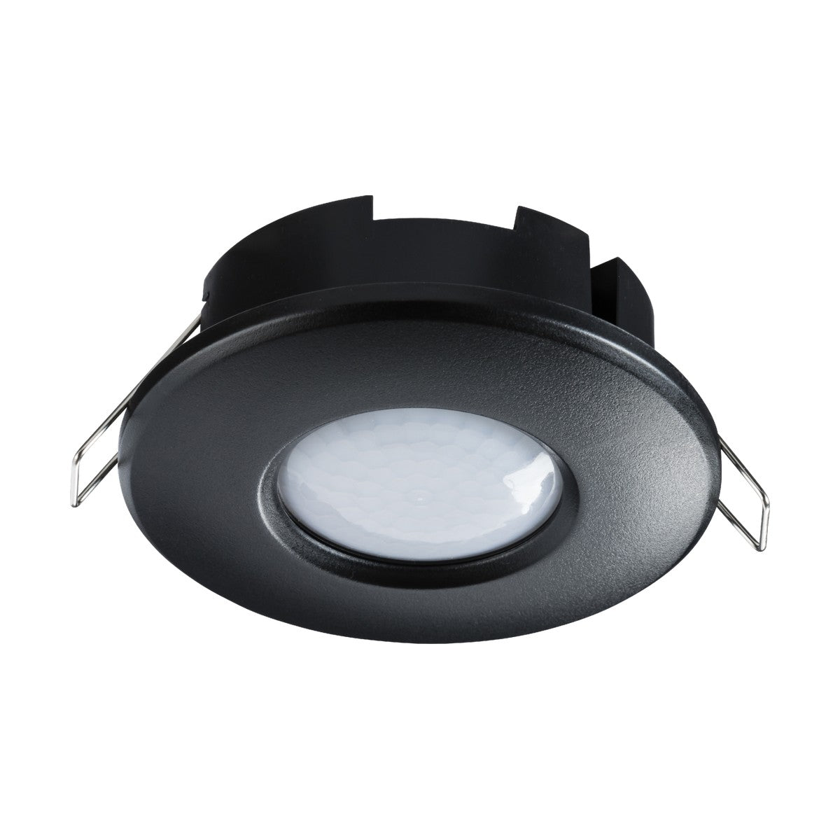 Introducing the 2 In 1 PIR Sensor 360° - Surface/Recess Mounting in black, a ceiling light fixture with a sleek circular design, perfect for indoor applications. It boasts a central translucent lens and side metal clips for easy installation, making it ideal for areas that require an adjustable time PIR ceiling sensor.