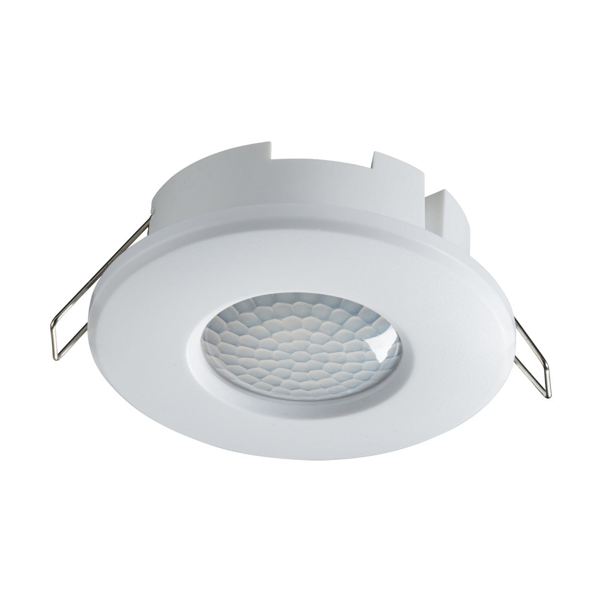 The 2 In 1 PIR Sensor 360° is a white ceiling light with a circular frame and textured inner surface. It features an integrated PIR sensor for 360° detection and includes two metal clips for easy installation, offering a seamless blend of simplicity and modernity with options for both surface and recess mounting.