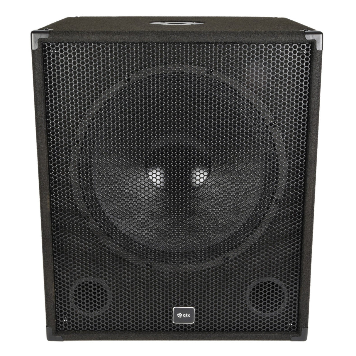 The QTX QT15S 15" Bass Box - 300W is a black speaker featuring a large mesh front and circular design elements, wrapped in a sleek, boxy shape. It is equipped with heavy-duty bass drivers for delivering powerful, low resonant bass and includes a built-in filter network to ensure clean and precise sound quality.