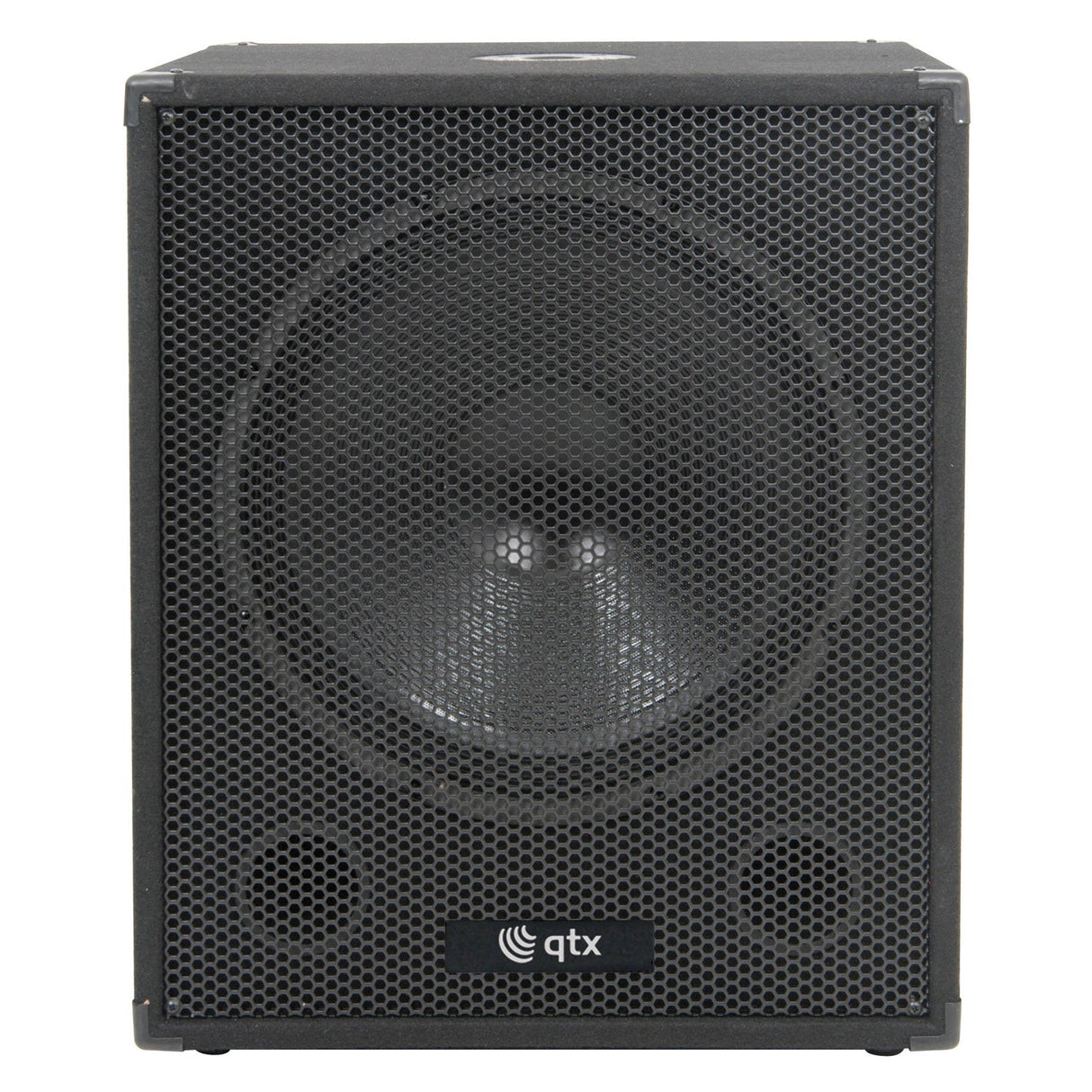 The QTX QT15SA 15" Active Sub - 600W, a black rectangular speaker with a mesh grille and the qtx logo underneath the cone, is shown upright against a white background. It pairs seamlessly with subwoofers to deliver powerful sound.