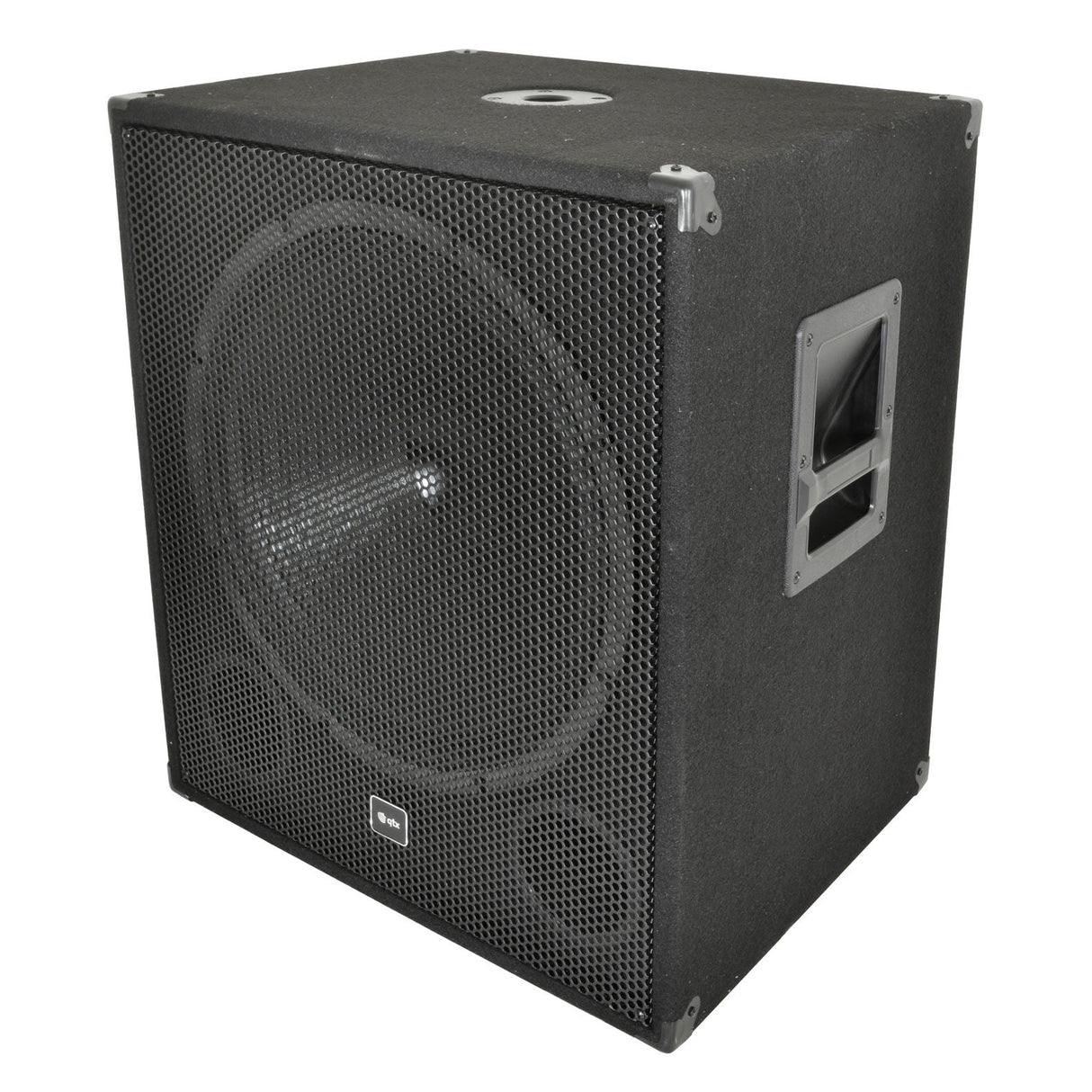 The QTX QT18S 18" Bass Box - 500W is a large, square-shaped black speaker cabinet, equipped with bass drivers and a mesh grille. It features carry handles on the sides and is positioned at an angle, showing both the front and one side.