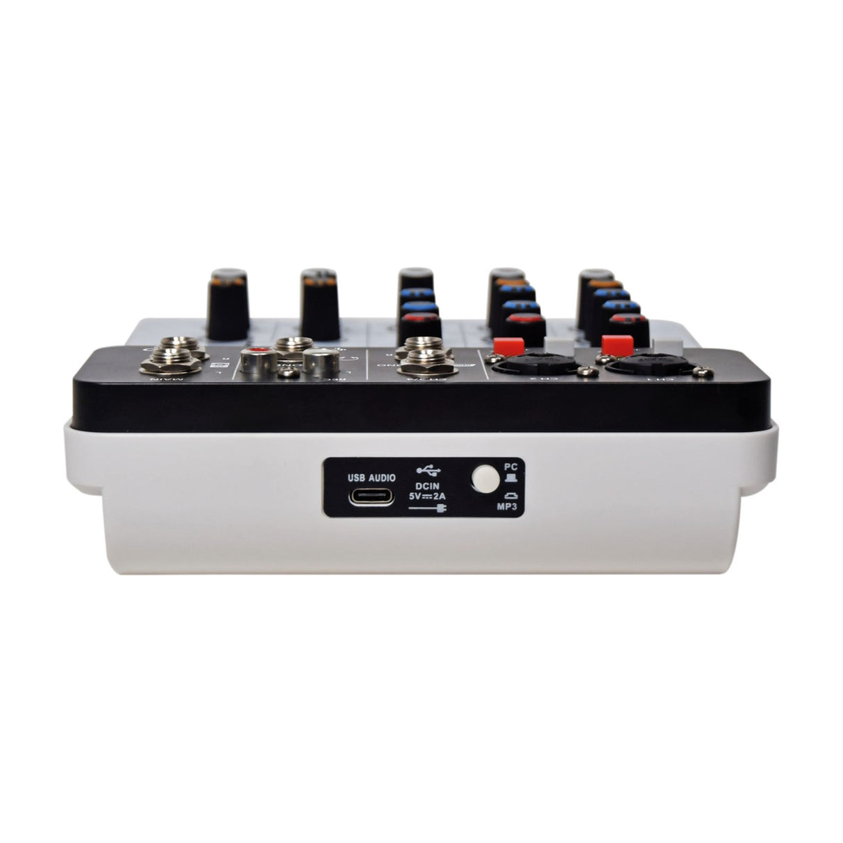 Rear view of the Citronic Q-PAD compact mixer by AVSL, showing the USB Type-C audio and power port alongside a PC/MP3 mode button on a white background.