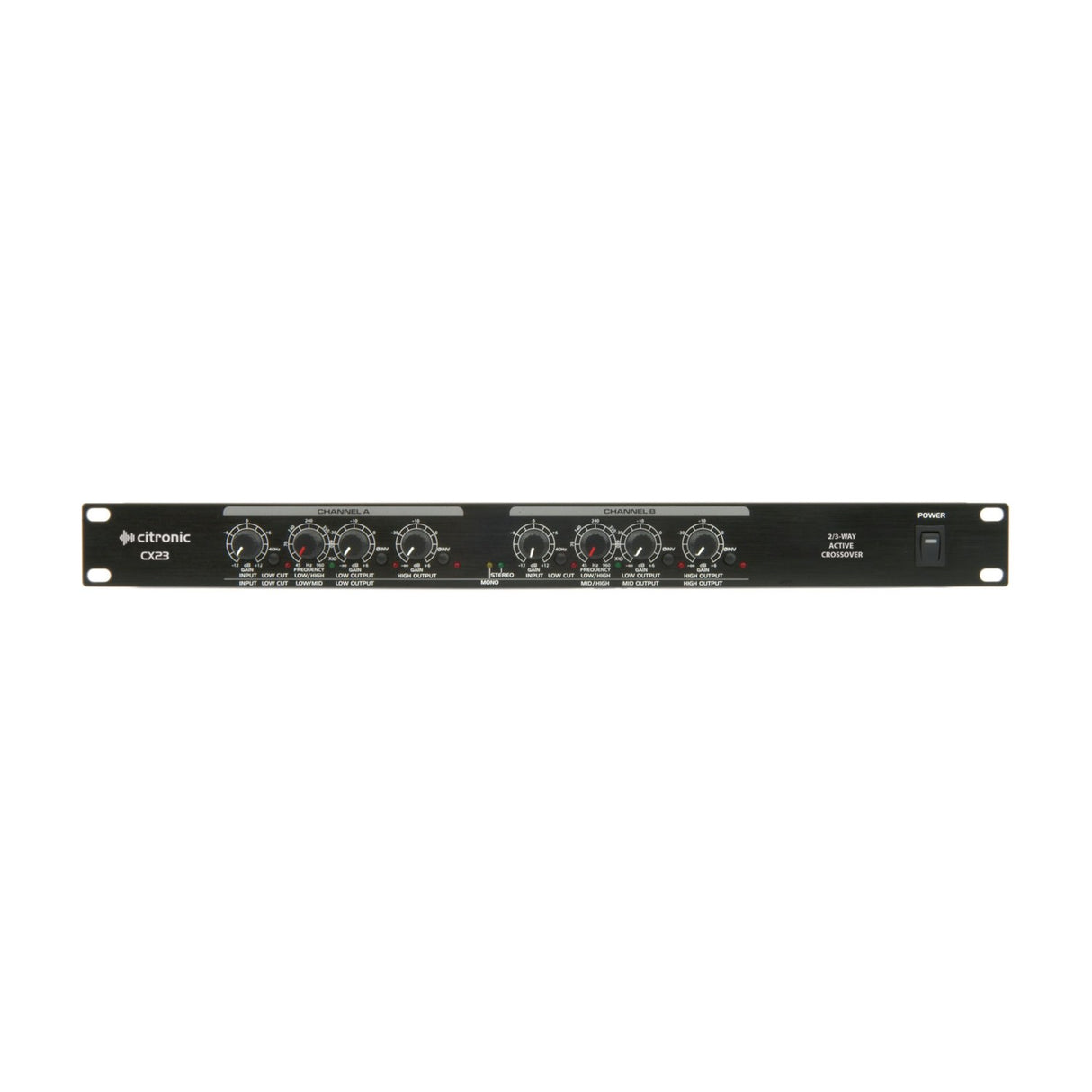Citronic CX23 2-way stereo/3-way mono active crossover in a 1U black rack unit with channel A and B knobs, indicator LEDs, and power switch.