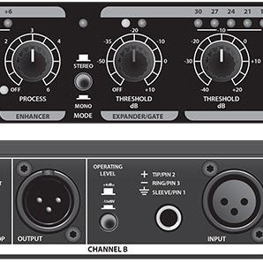 Close-up of Citronic CL22 Stereo Compressor Limiter Gate by AVSL showing enhancer and expander/gate knobs above channel B XLR and 6.35mm jack sockets.