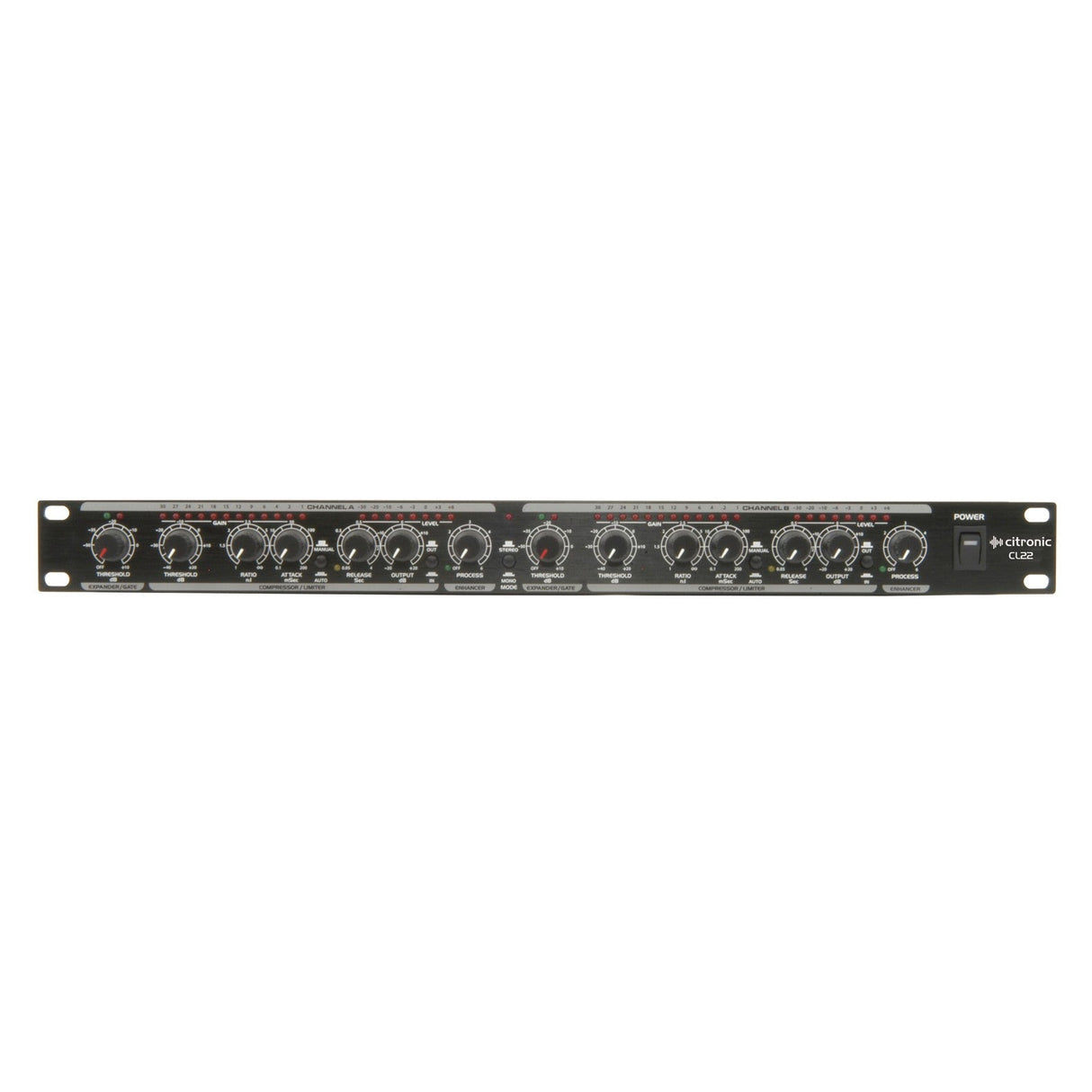 Image of a Citronic CL22 Stereo Compressor/Limiter/Gate, designed for dynamic range control and noise reduction. It features two rows of knobs, meters, and switches on a black panel, perfect for precise audio signal processing.