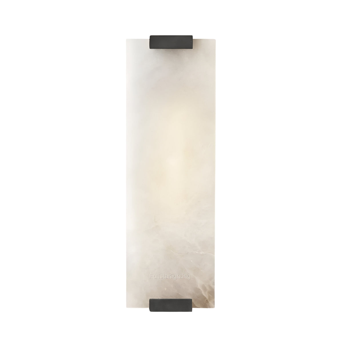 The Virelux LED Faceted Stone Alabaster Wall Light in soft white and black has a rectangular vertical design with a smooth alabaster-like translucent panel, accented by three black brackets at the top, center, and bottom.