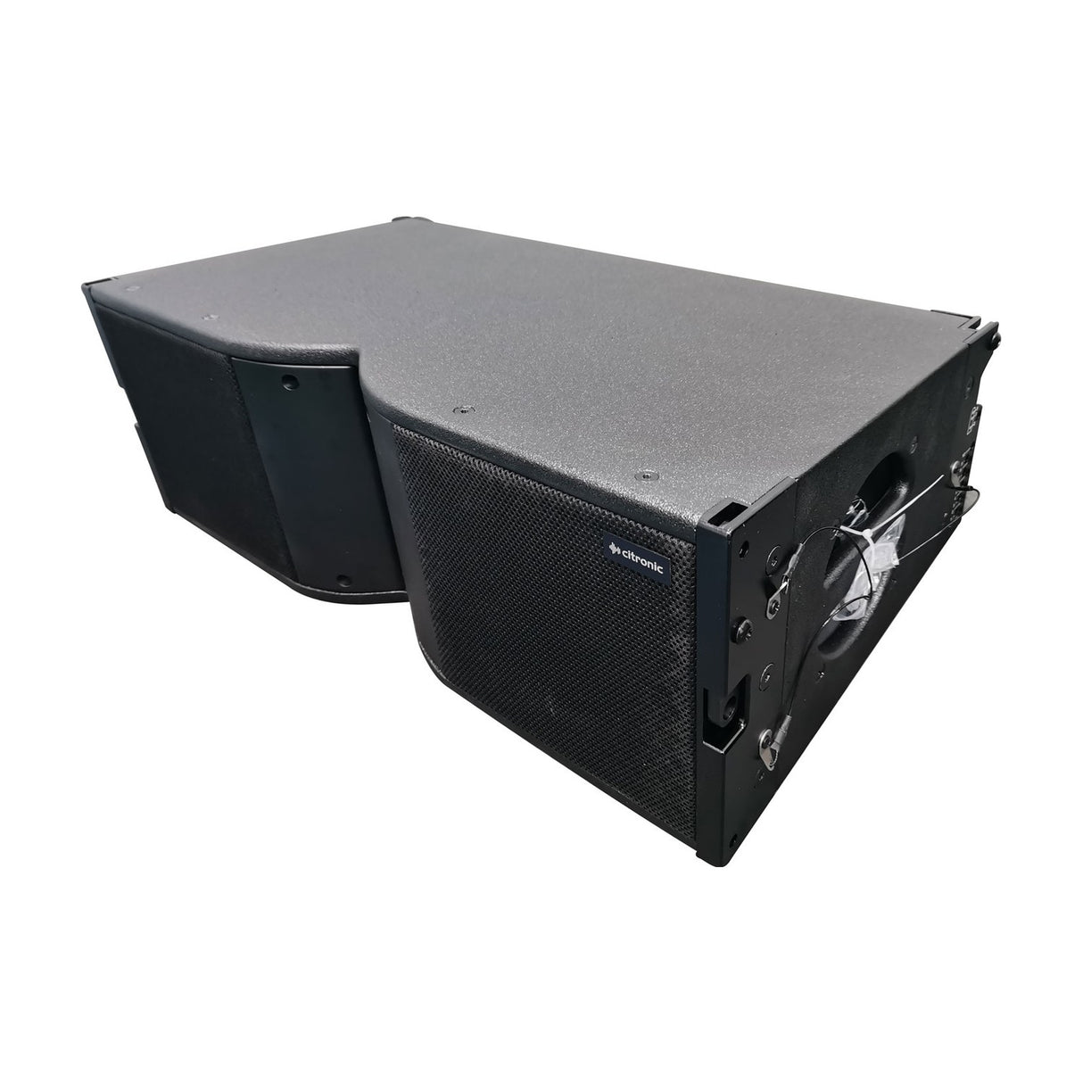 Citronic C-208 active line array cabinet with dual 8" drivers, HF ribbon tweeter, black polyurea-coated plywood enclosure, and side rigging hardware.