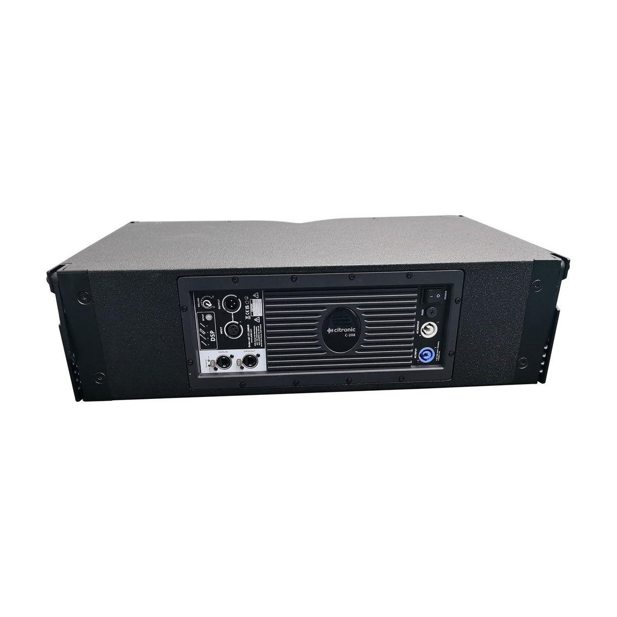 Rear view of the Citronic C-208 active line array cabinet showing the DSP amp panel with XLR input/output, data ports, Powercon in/through, and power switch.