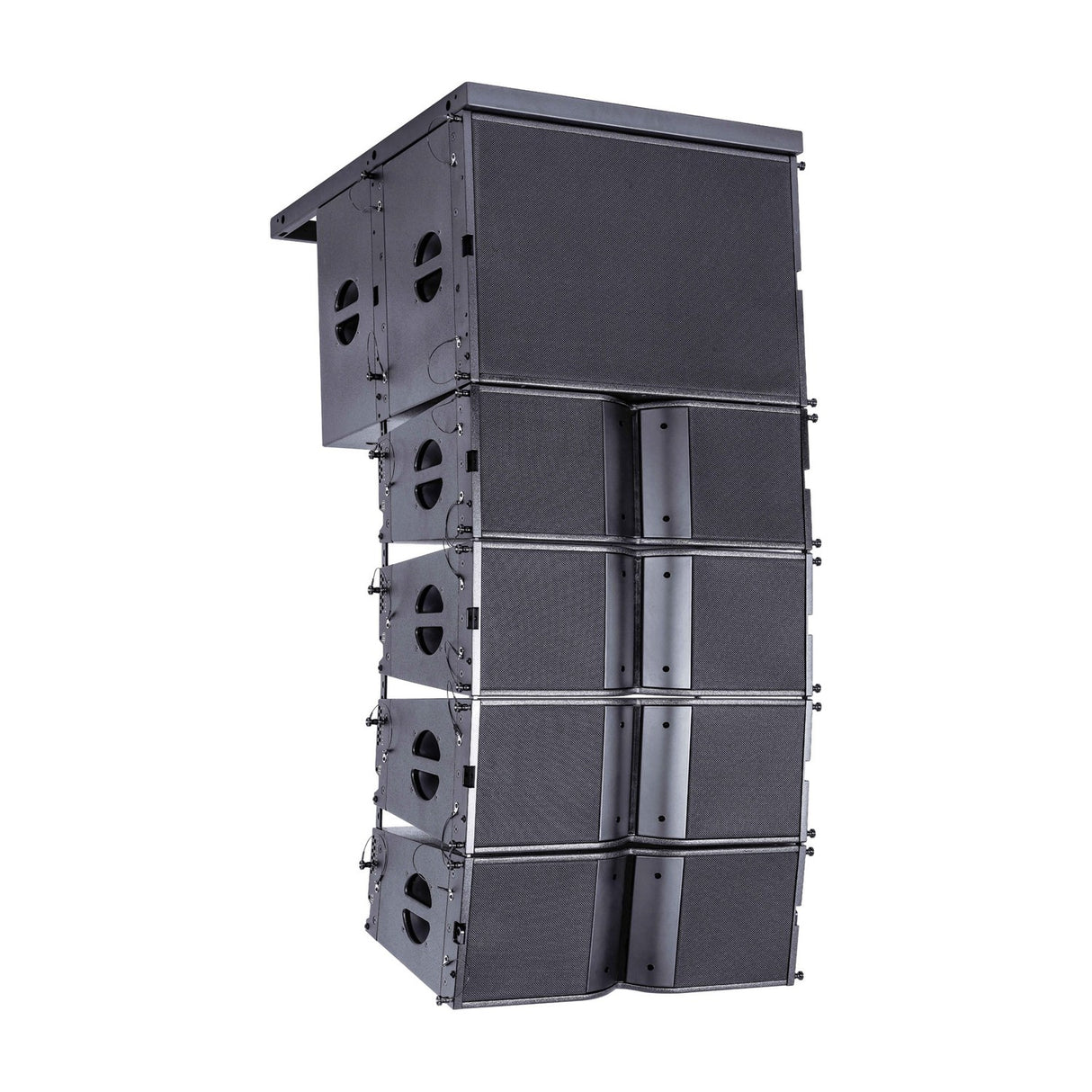Citronic C-208 active line array by AVSL shown as a five-cabinet vertical hang in matte black with side handles and array hardware on a white background.