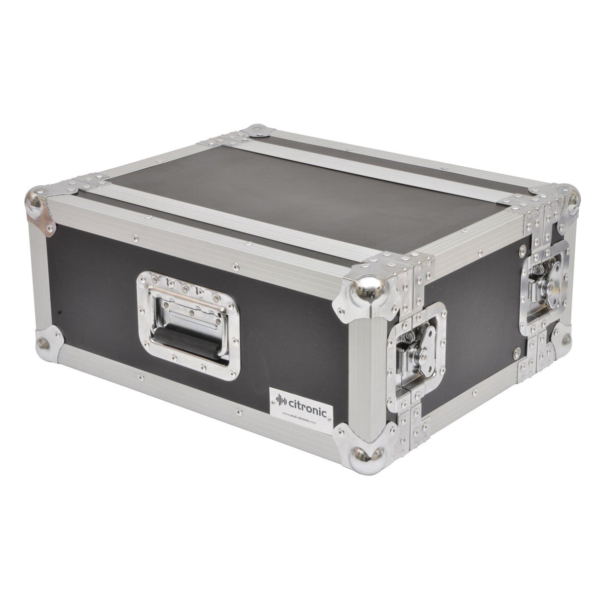 The Citronic 19'' Equipment Flightcase - 4U Shallow is crafted from durable plywood with a sturdy rectangular design. It features reinforced corners and metal edges in silver, along with two black side handles. A label reads "Citronic," and it's specifically designed for 19" audio equipment. The surface finish is black.