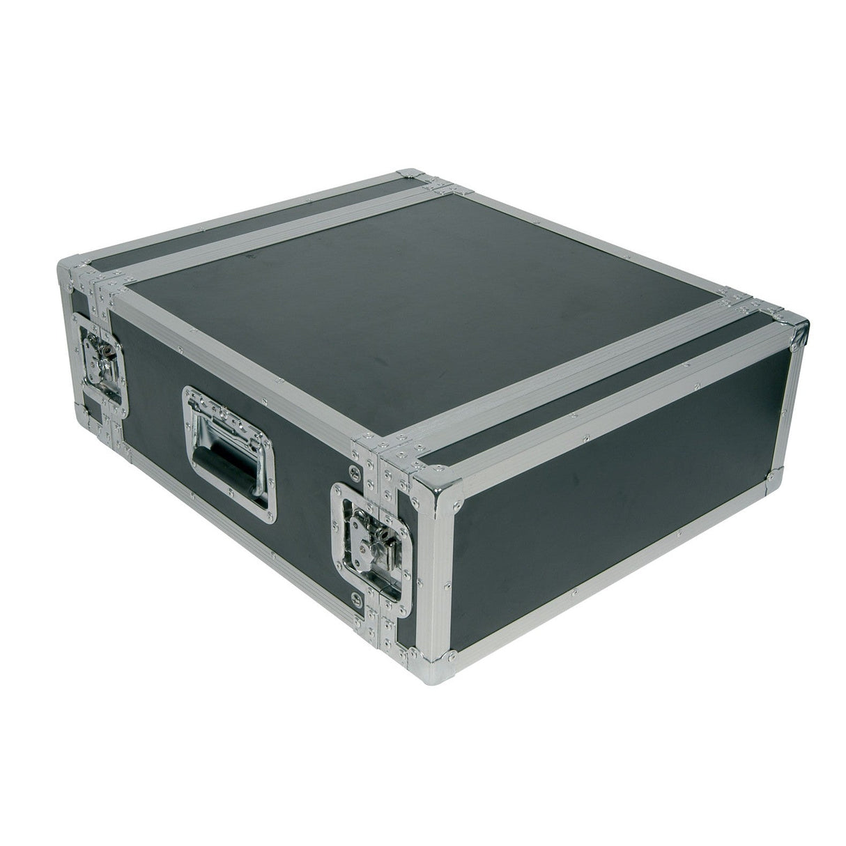The Citronic 19'' Equipment Flightcase - 4U is a robust black and silver case designed for 19" audio equipment, featuring reinforced metal edges and corners. It includes two large latches on the front, a central handle for easy carrying, and removable lids. The case is closed and rests elegantly on a white background.