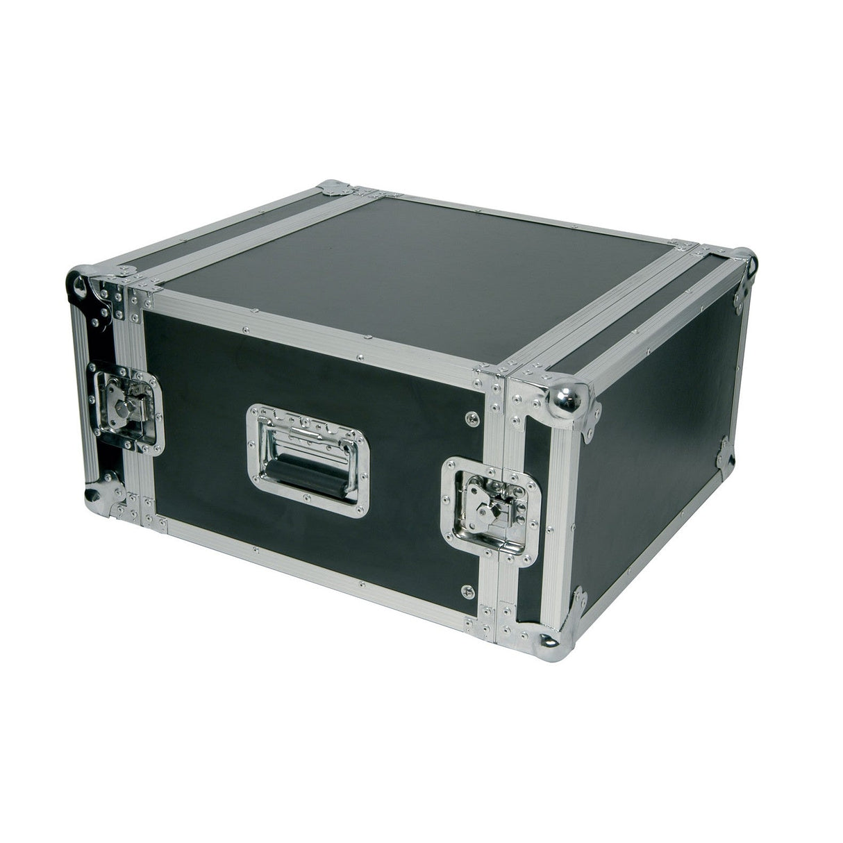 The Citronic 19'' Equipment Flightcase - 6U is a black rectangular case with metal edges and corners, designed with secure latches and heavy-duty side handles for safely transporting 19" audio equipment.