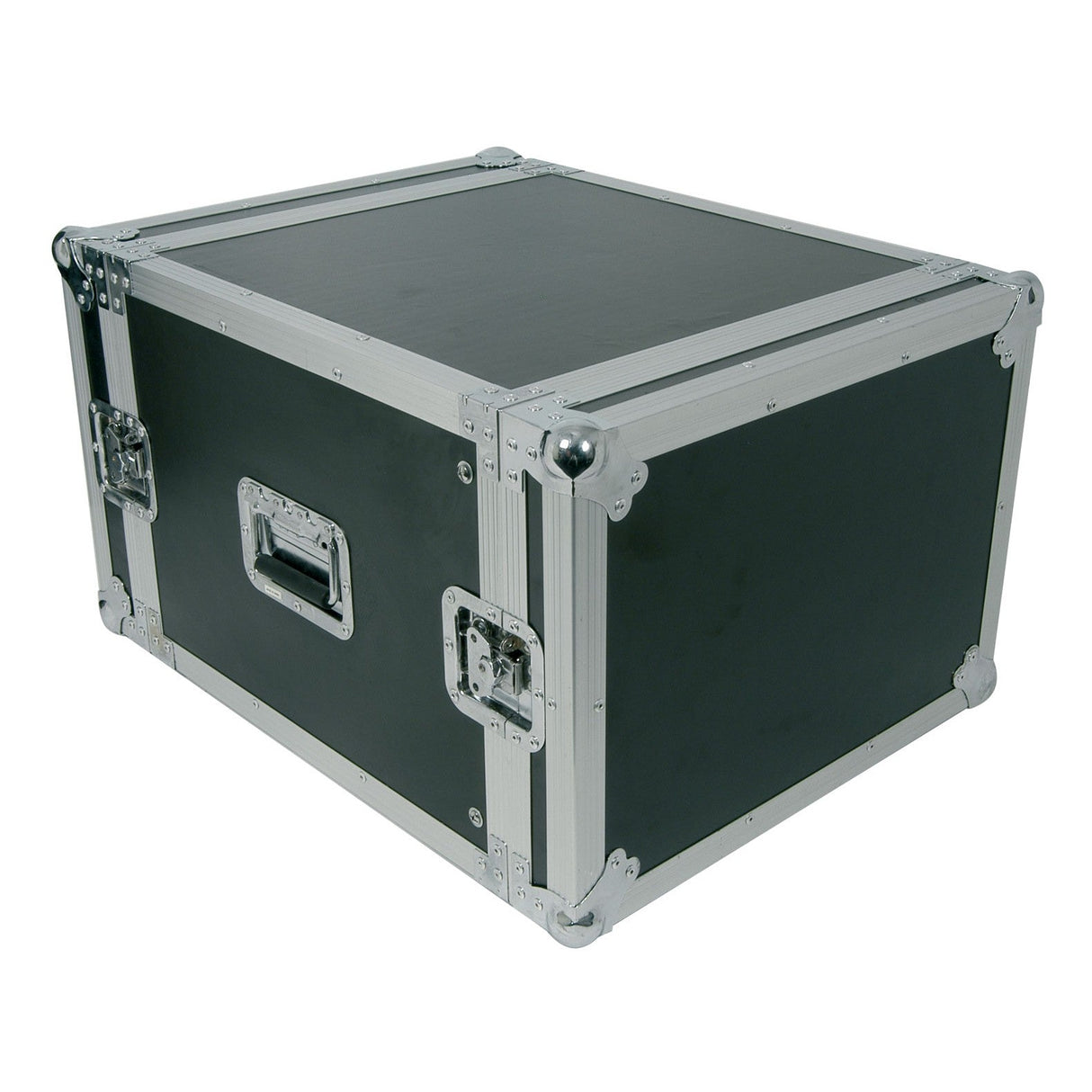 The Citronic 19'' Equipment Flightcase - 8U is a spacious black flightcase with silver metal edges and reinforced corners. It includes heavy-duty side handles and metal latches to securely fasten the lid, making it ideal for safely transporting 19" audio equipment.