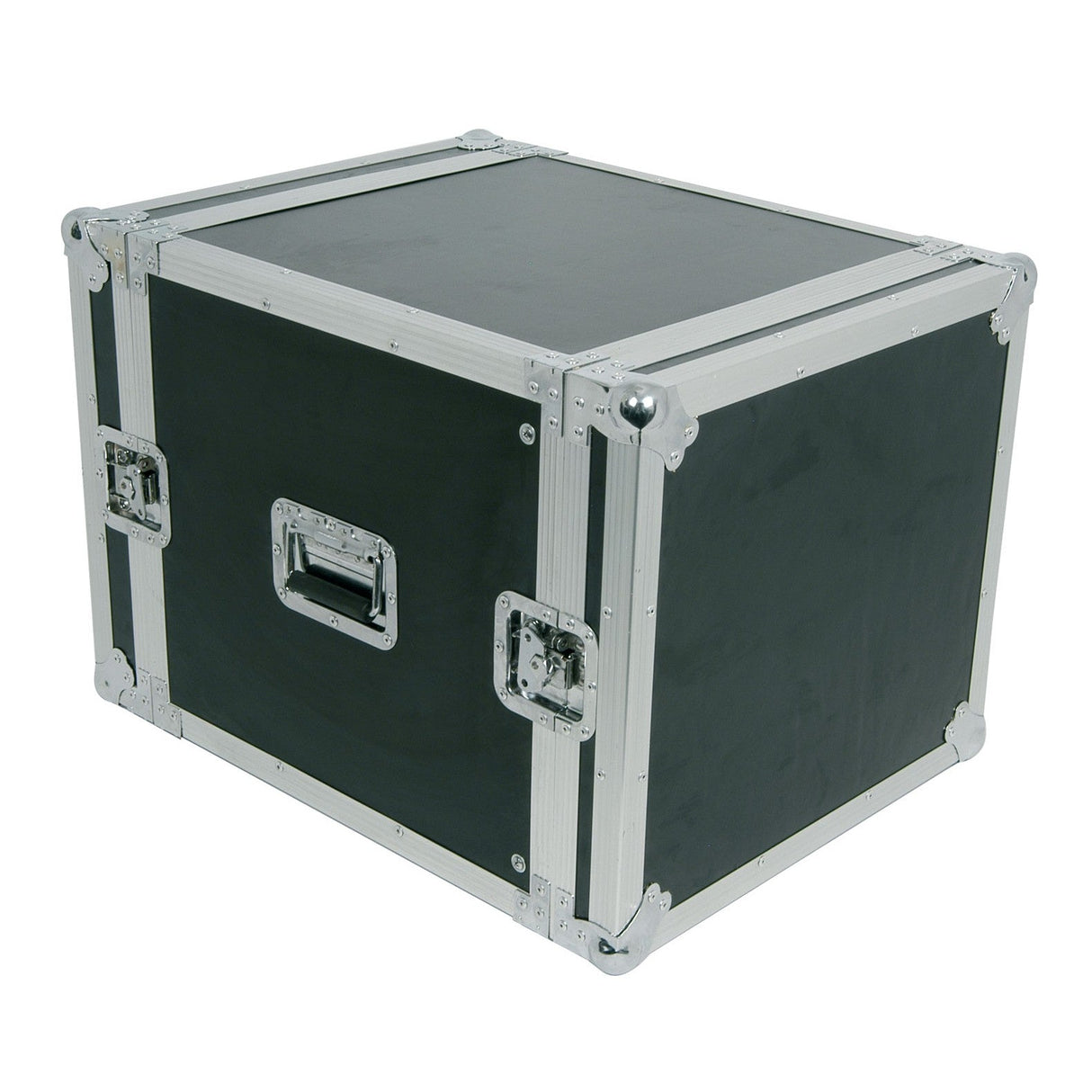 The Citronic 19'' Equipment Flightcase - 10U is a robust black case made from vinyl laminated plywood, complemented by silver metal edges and reinforced corners. It includes two side handles and metal latches to ensure secure closure, expertly crafted for the safe transportation of 19" audio equipment.