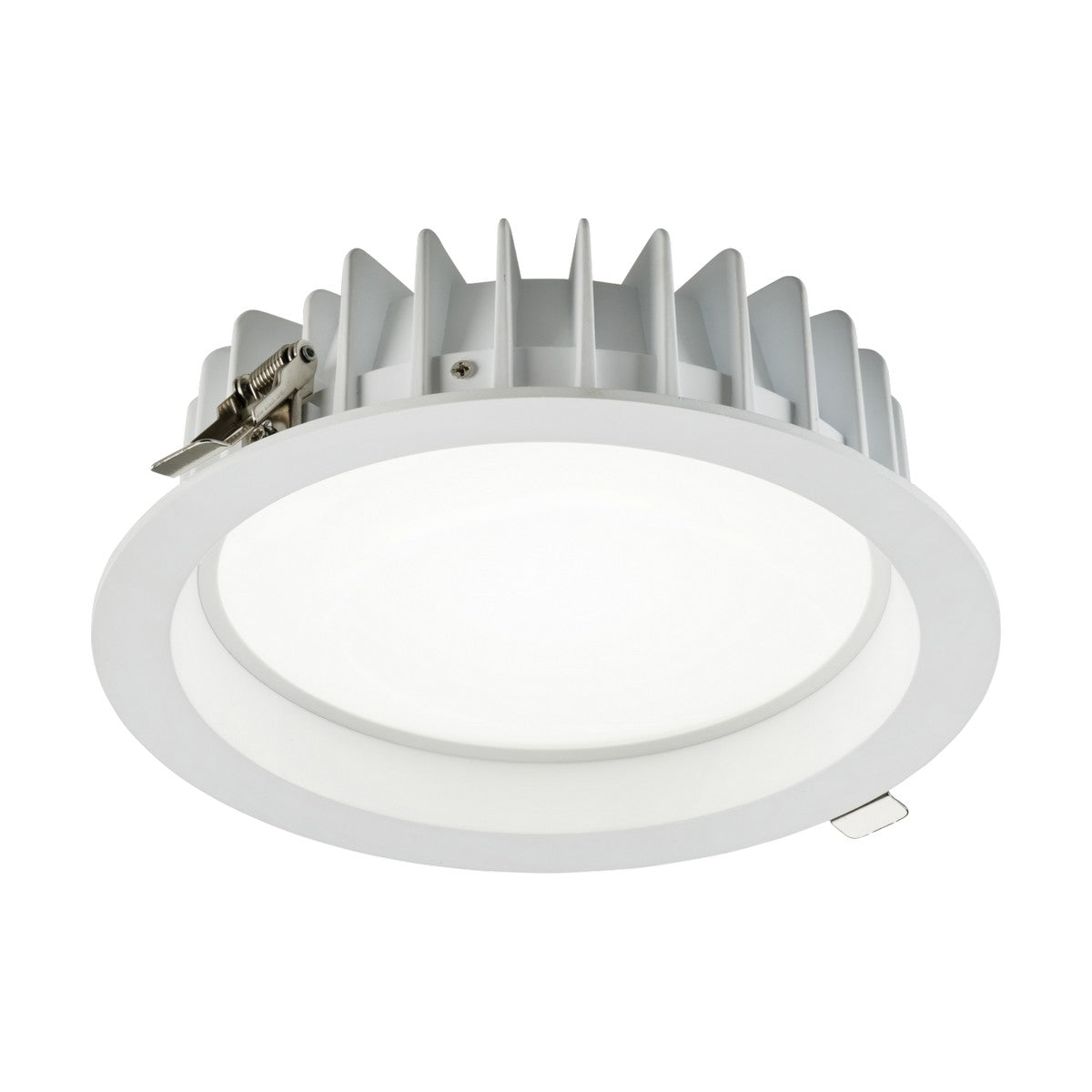 The Seren LED Recessed Tri-Wattage CCT DALI Downlight 30-40W showcases a white circular design with a ribbed heat sink and metal side clips, ensuring simple installation in ceiling fixtures. It provides adjustable power output to accommodate diverse lighting requirements.