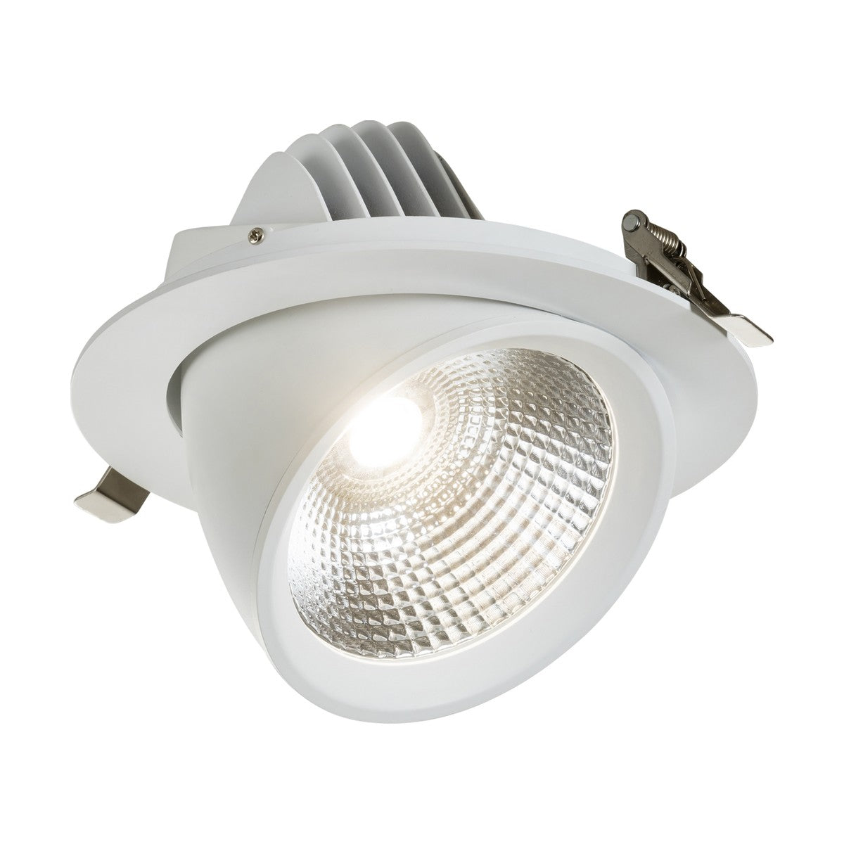 A close-up of the SARA LED Recessed Tri-Wattage CCT DALI Scoop Downlight - 30-40W showcases its white finish, ribbed heatsink, and adjustable brackets for ceiling installation. The illuminated light offers customizable lighting from its reflective interior, making it perfect for commercial settings with adjustable power output.