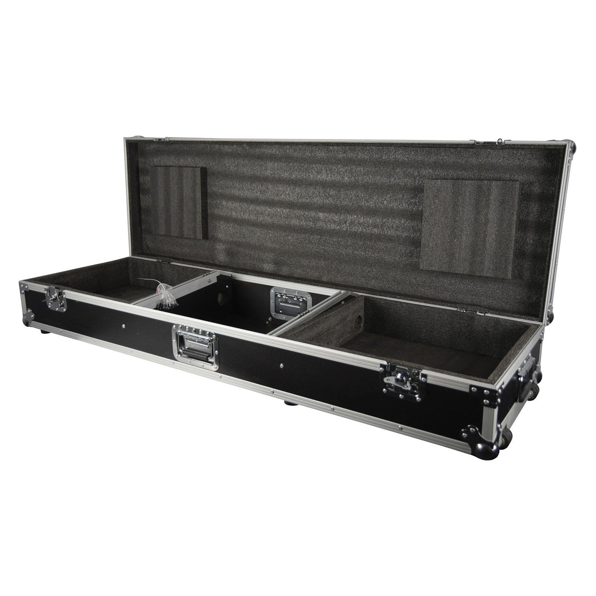 Discover the Citronic Flightcase designed for an 8U 19" mixer and two CD players or turntables. This open black hard-shell case features a padded interior with compartments, silver latches, and a convenient handle. Ideal for DJs on the go, it ensures the secure transportation of delicate equipment.