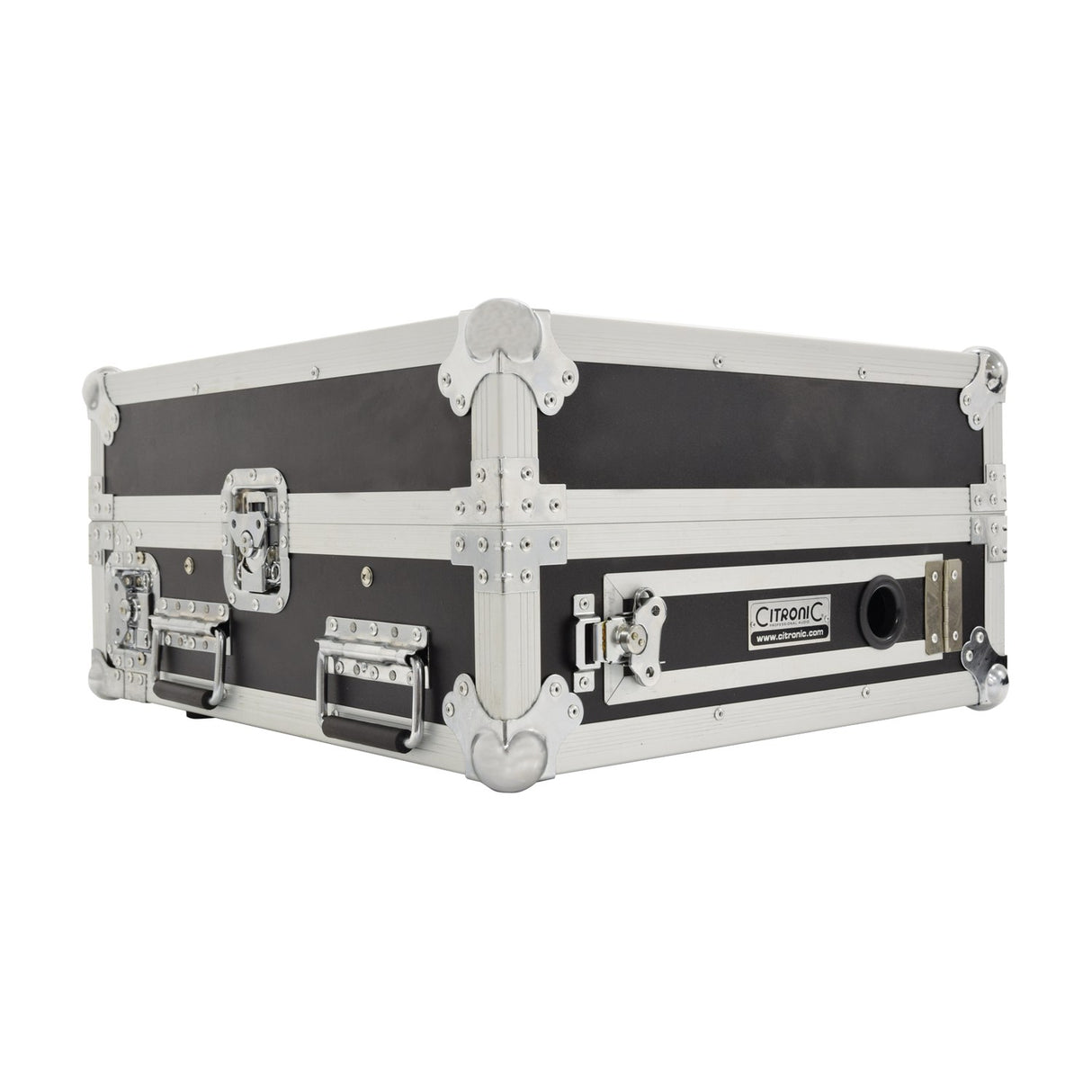 Citronic CASE10:2 19" rack flight case shown from the rear, with black panelling, aluminium edging, chrome corners, side handles and a hinged cable access door.