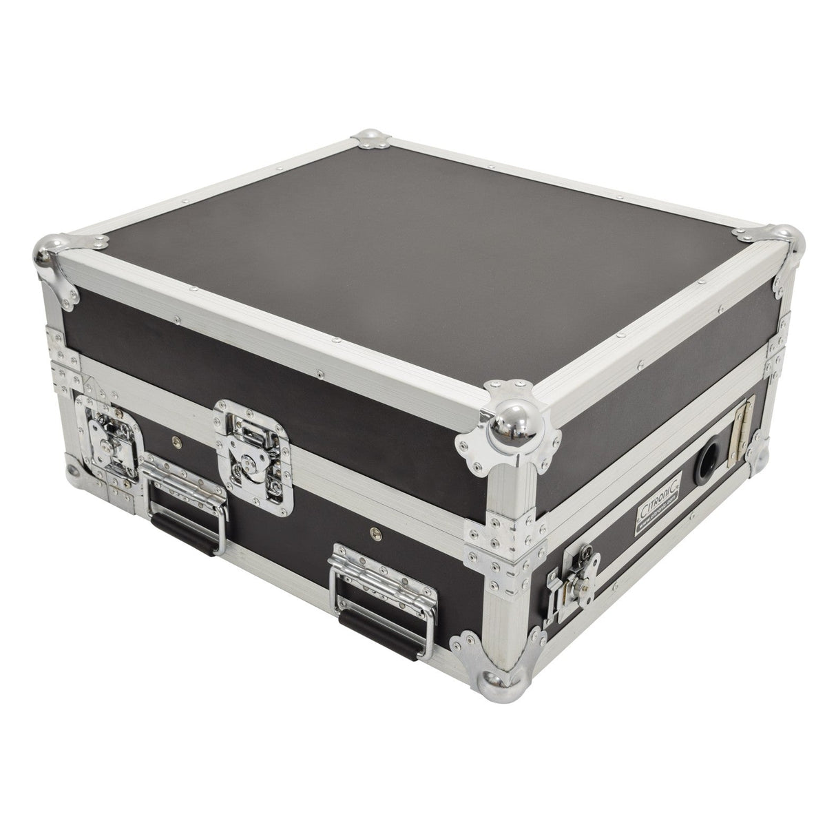 The Citronic 2U & 10U Rack Case for Mixer is a black and silver flight case featuring metal corners and latches, designed specifically for 19" equipment. It boasts a robust, protective construction, making it ideal for safely transporting gear. It perfectly accommodates rack units and includes secure mounting screws.