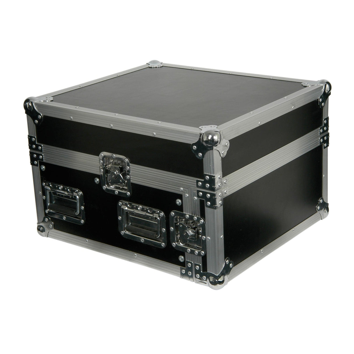 The Citronic 4U & 10U Rack Case for Mixer is a durable black and silver flight case specifically designed for 19" equipment. It features multiple metal latches, corner protectors for added safety, robust side handles for easy transport, and removable lids for swift access to rack units.