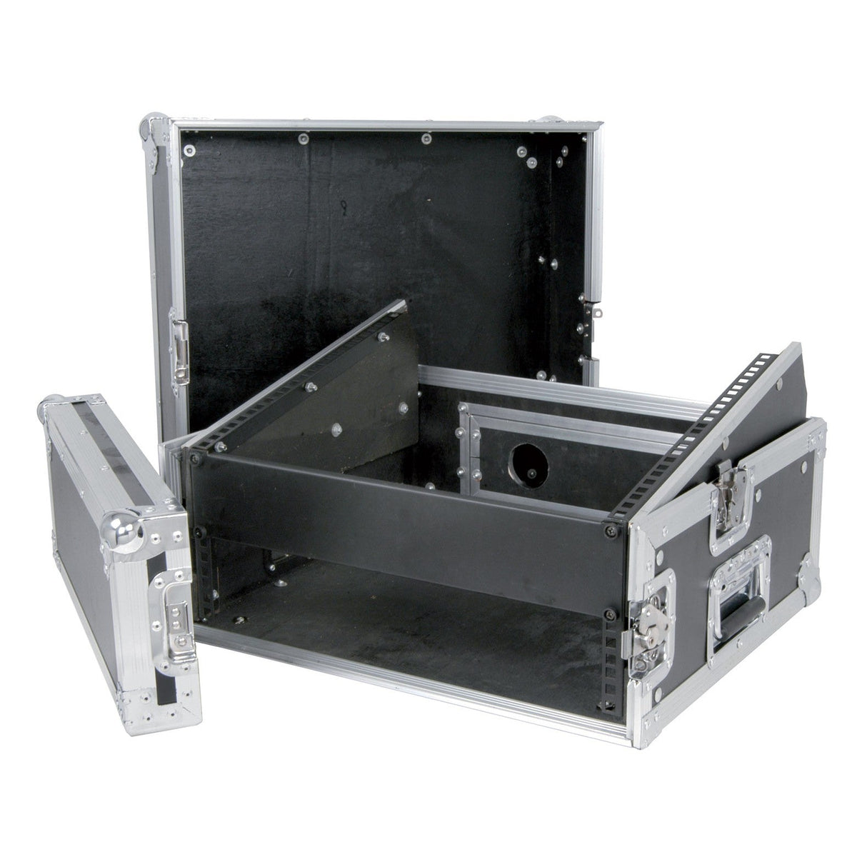 The Citronic 19" Combo Flightcase - 2U + 8U is an open, empty black and silver case featuring metal edges and latches for professional quality. It contains interior compartments perfect for housing a power amplifier mixer combo. The detachable lid is set aside, emphasizing its practical design.