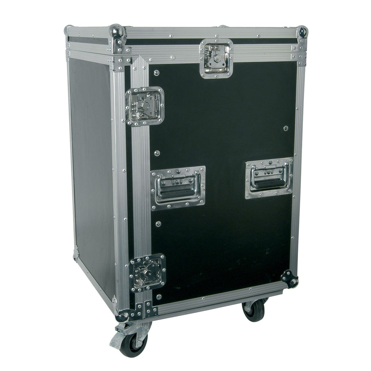 This Citronic 16U 19" rack case, featuring a sleek black and silver design with robust metal edges and handles, offers convenient mobility with its caster wheels, making it ideal for any mobile equipment rack needs.