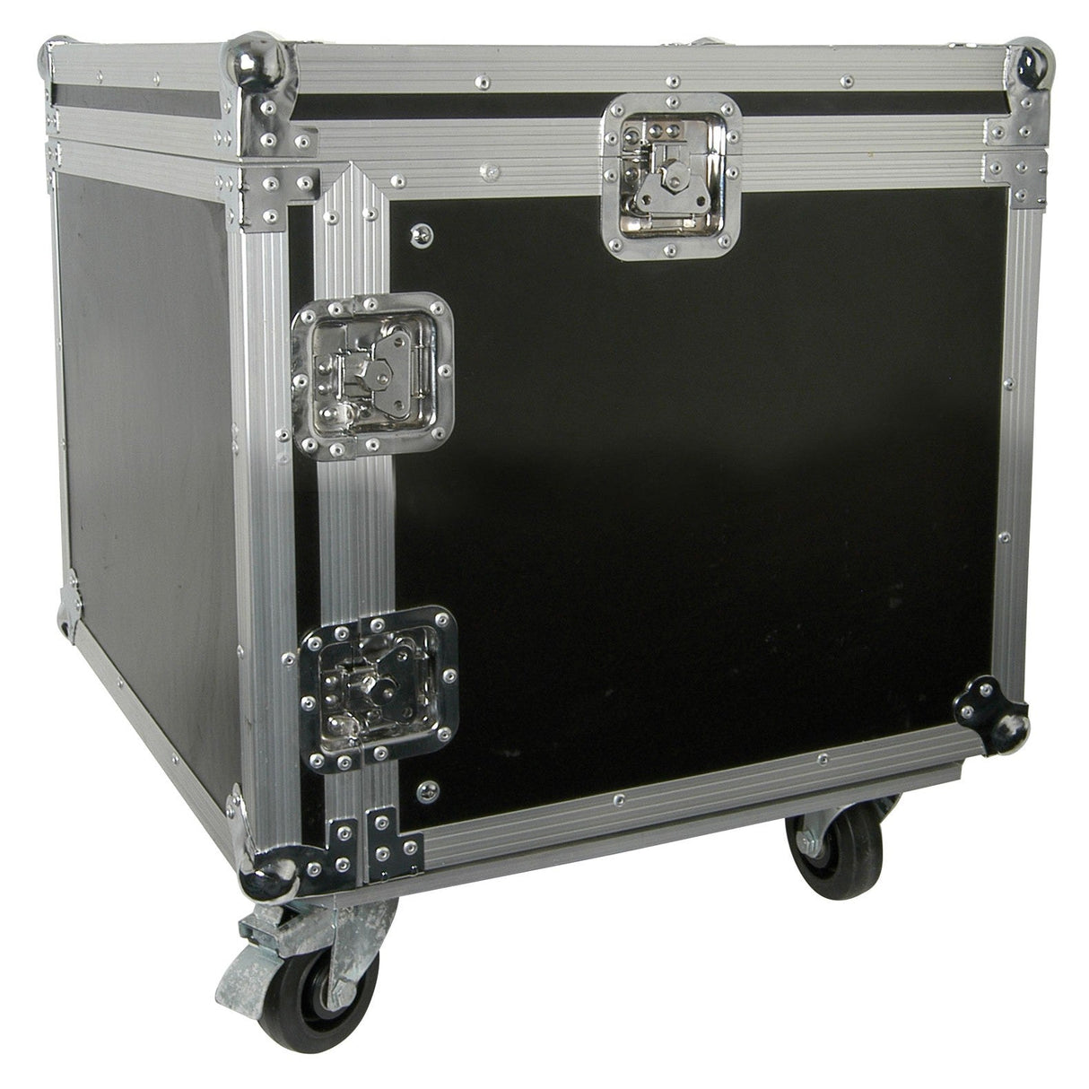 The Citronic 8U 19" Rack Case With Wheels is a durable black flight case featuring metal reinforcements and locks, expertly designed to safely transport your mixer rack or other mobile equipment.