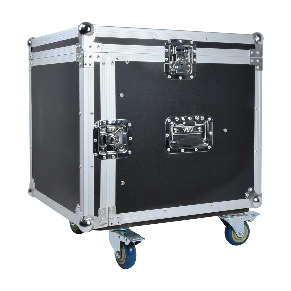 Citronic RACK:10X 10U 19" mobile rack flight case in black with silver aluminium edging, chrome latches, side handle and lockable wheels.