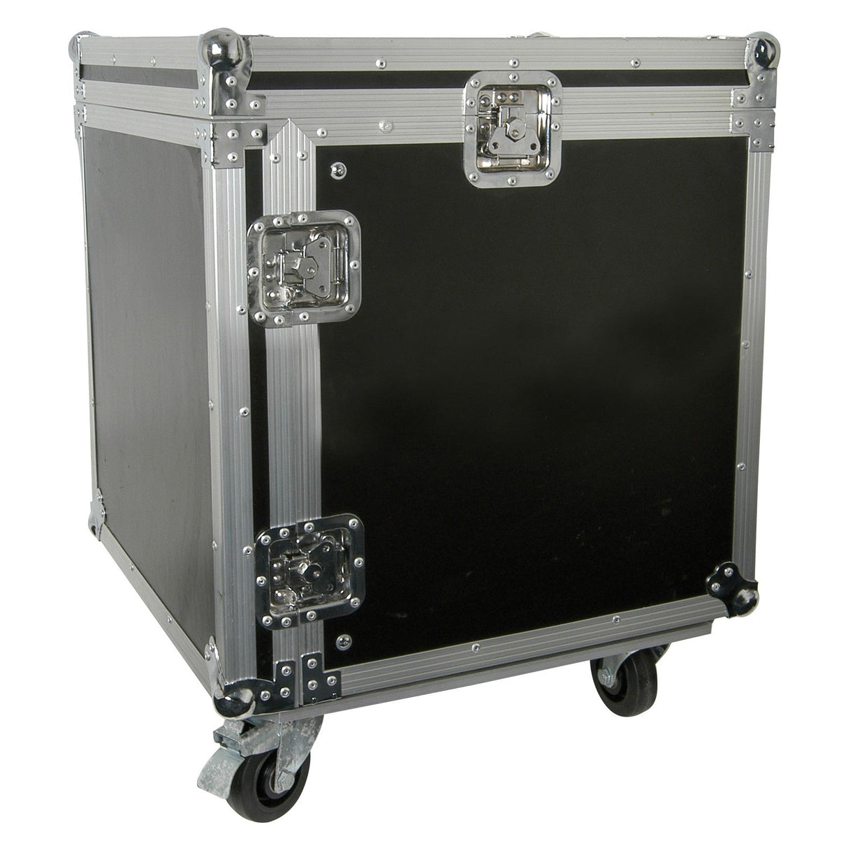 The Citronic 10U 19" Rack Case With Wheels is a robust rack case in black and silver, crafted from metal. It features four wheels for easy mobility, reinforced corners, and secure metal latches on the front, making it perfect for protecting your gear.