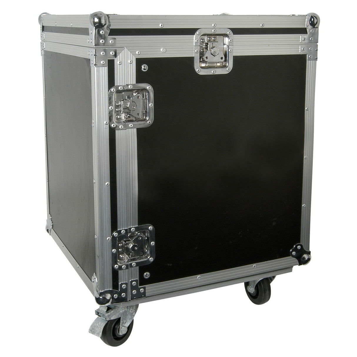 The Citronic 12U 19" Rack Case With Wheels is designed to safely transport equipment. This black, rectangular flight case features metal edges and latches, ensuring robustness while on the move.