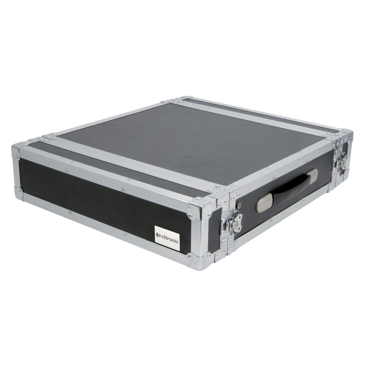 The Citronic 19'' Equipment Flightcase - 2U boasts a durable design with a black exterior and reinforced metal edges, constructed from 9mm plywood. It is equipped with heavy-duty handles for easy transport.