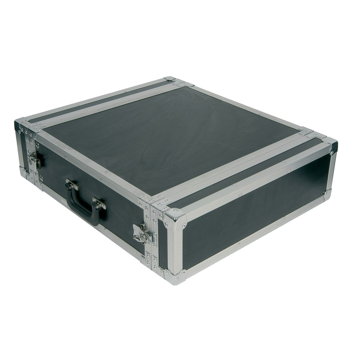 The Citronic 19" Equipment Flightcase - 3U is a black and silver metal flight case featuring protective corner pieces and a sturdy handle, specifically designed for the safe transport and storage of 19" audio equipment.