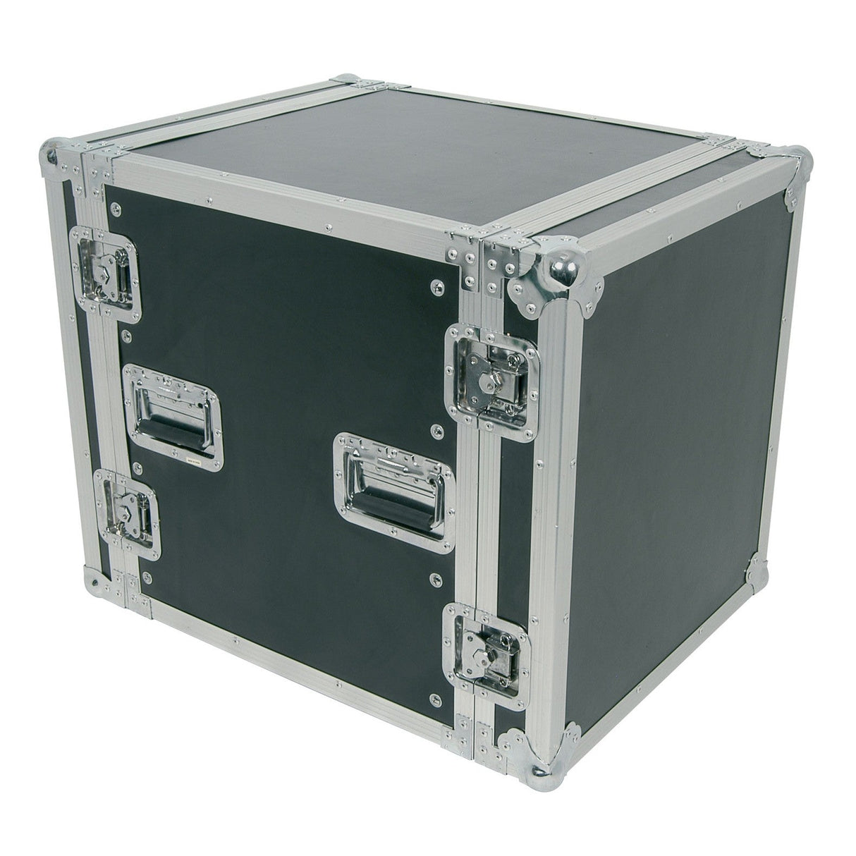 The Citronic 19'' Equipment Flightcase - 12U is an ideal choice for 19" audio equipment, boasting black and silver metal-reinforced corners and edges. It features two handles on the front and one on the side, along with secure locking mechanisms on both panels.