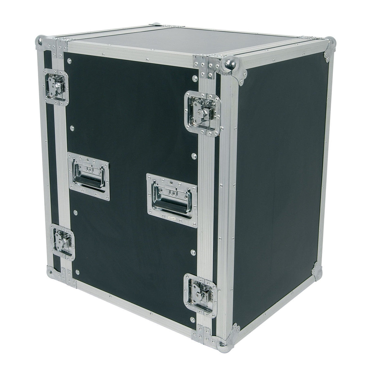 The Citronic 19" Equipment Flightcase - 16U is a black and silver case crafted from vinyl laminated plywood, equipped with metal edges and reinforced corners for durability. It includes three handles and secure latches on the sides, ensuring the safe transport of your 19" audio equipment. This flightcase is designed to stand upright.
