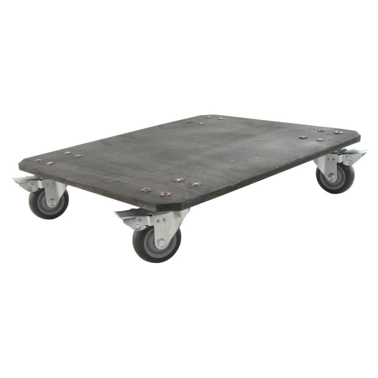 The Citronic Wheel Base for a 19" Flight Case is a flat, rectangular moving dolly with a dark surface, equipped with four swiveling castors and a heavy-duty base plate designed to facilitate the easy transportation of heavy items.