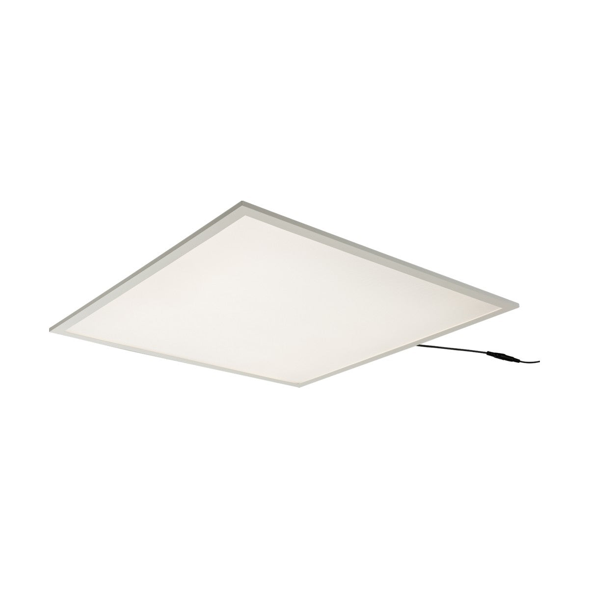 The Lumi Square 600x600mm CCT LED Panel Light 30W is an energy-efficient, rectangular ceiling light with a sleek white frame and a black power cable protruding from one side, all set against a plain white background.